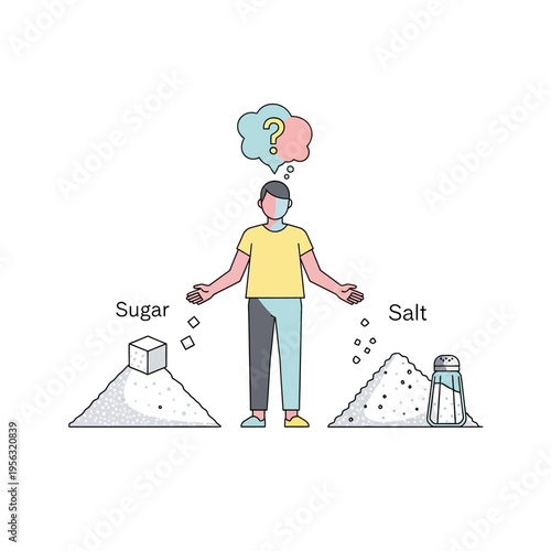 Man choosing between sugar and salt, healthy lifestyle concept