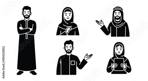 Black silhouettes depicting diverse muslim people in various poses