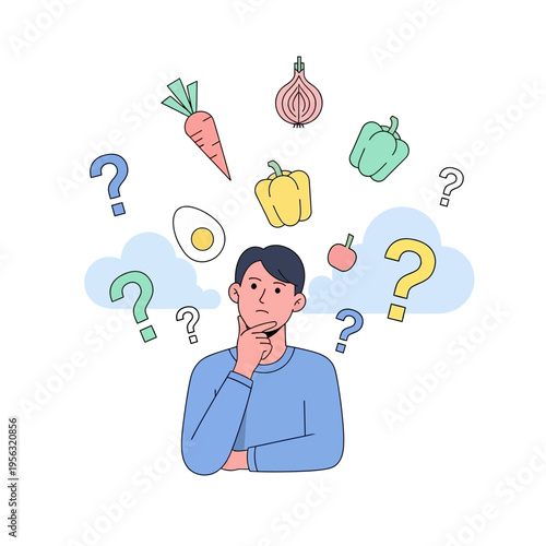 Man thinking about healthy food choices, surrounded by vegetables and question marks