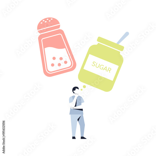 Person contemplating salt vs sugar choice, diet decision, healthy eating concept