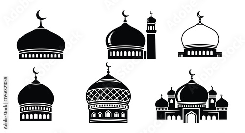 Collection of black silhouette mosque dome and minaret designs
