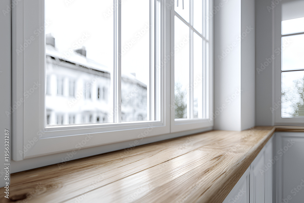 Fototapeta premium Interior perspective capturing a wooden windowsill and a bright, expansive window framing a snowy scene. Clean, minimal design