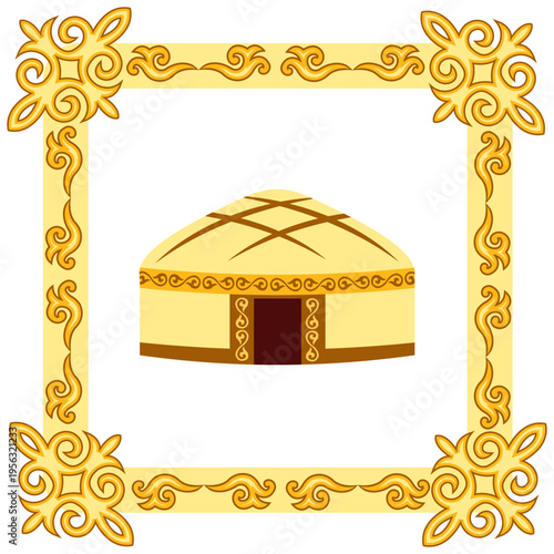 Traditional Kazakh yurt inside decorative ornamental frame with ethnic pattern in gold tones.