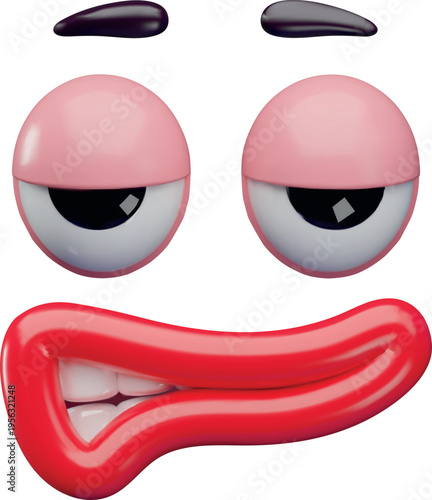 3D cartoon funny face with awe emotion, eyes, mouth and eyebrows realistic vector 3D design, comic irritated expression