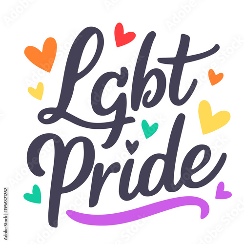 A vibrant LGBT Pride logo with colorful hearts and a stylized design