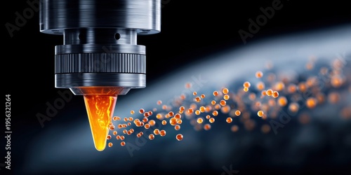 Advanced nanotechnology machine creating microscopic spheres with glowing orange liquid