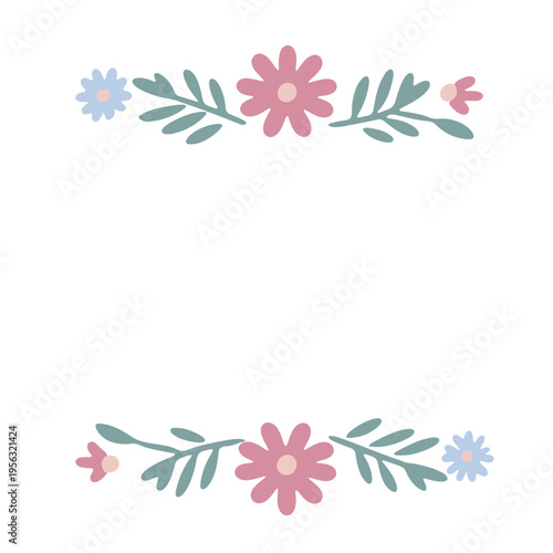 A delicate floral border design with pink and blue flowers and green leaves on a white background
