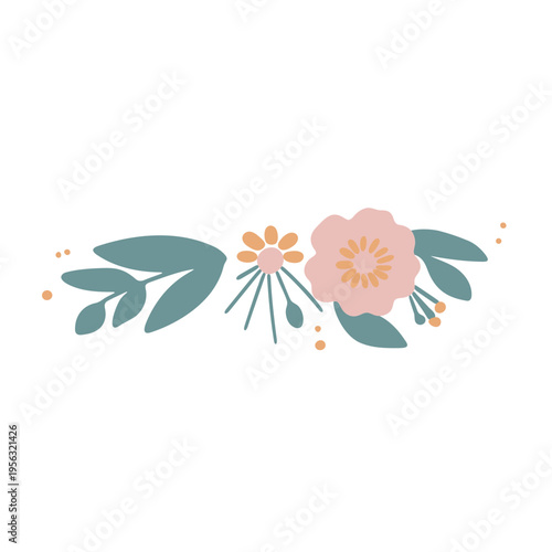 A delicate floral design featuring a pink rose and green leaves on a white background