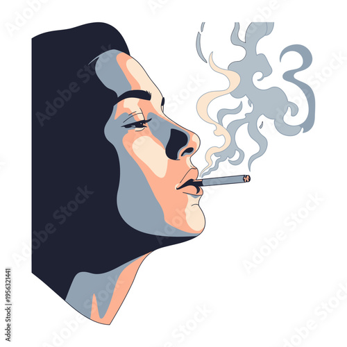 Stylish Woman Smoking Cigarette, Profile View, Smoke Swirls, Dramatic Lighting