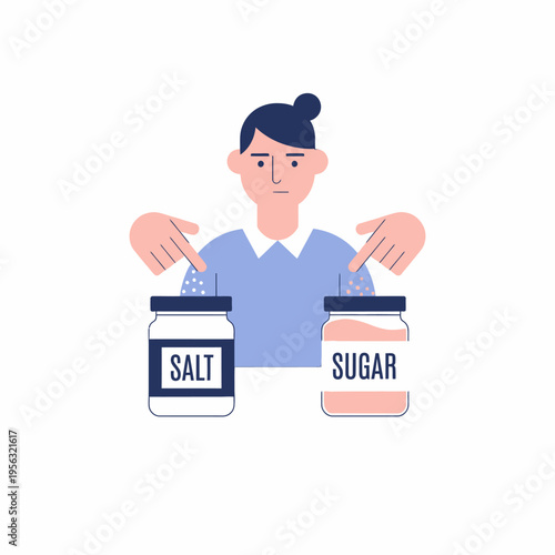 Woman Choosing Between Salt and Sugar Jars, Healthy Diet Decision