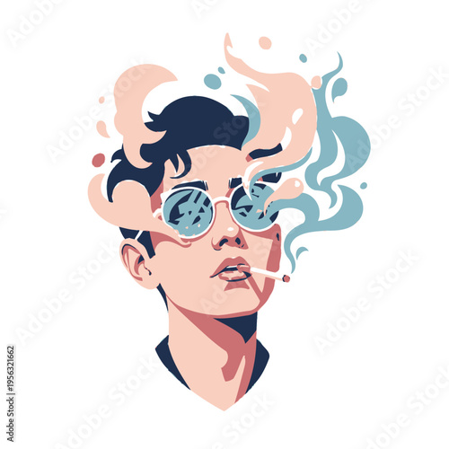 Young Man Smoking Cigarette with Colorful Smoke Clouds Around Head, Surreal Art