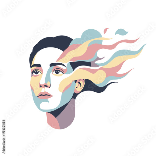 Abstract Portrait of Woman with Colorful Smoke Escaping Head, Mind, Ideas