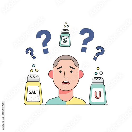Confused Man Surrounded by Salt and Sugar Shakers with Question Marks
