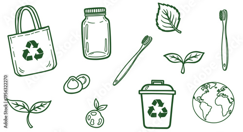 Eco friendly lifestyle collection of reusable items and nature symbols for sustainable living and zero waste concept
