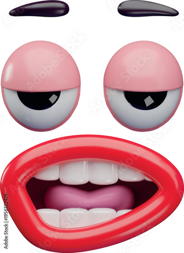 A 3D face with an open red mouth, tongue, teeth, drooping eyes, and brows.