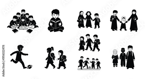 Black and white icons depicting diverse groups of children engaging in activities