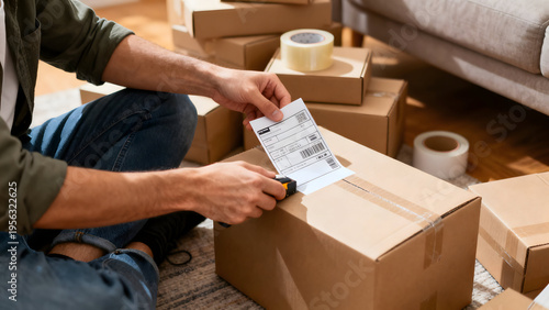Preparing Shipment: Focused individual prepares a parcel for shipping, meticulously affixing a label to the cardboard box. Capturing attention to detail and efficiency in the e-commerce industry.