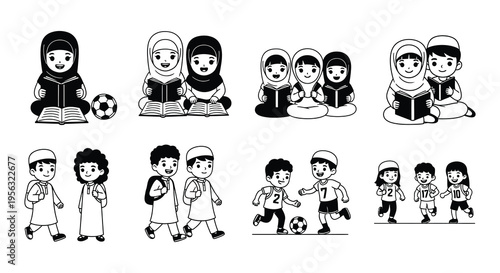 Black and white icons depicting diverse groups of children engaging in activities