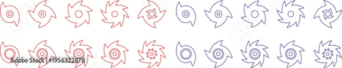 Hurricane cyclone icon set collection group in line style featuring storm, typhoon, tornado, whirlwind, vortex and weather synonym elements for disaster alert, climate design and warning graphics