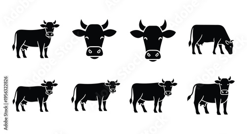 Black silhouettes of various cows in different poses and perspectives