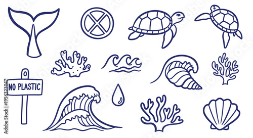 Ocean conservation doodles no plastic sign whale tail sea turtle coral waves seashell water drop and prohibition symbol for environmental protection