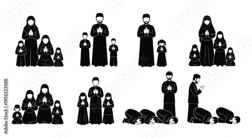 Black silhouettes of muslim families praying together in various poses