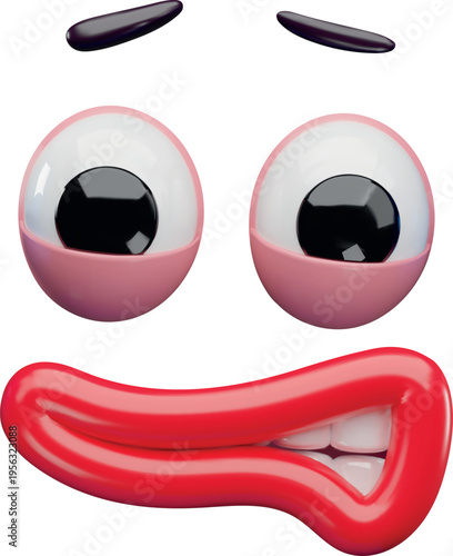 3D cartoon funny face with awe emotion, fear eyes, mouth and eyebrows realistic vector design, comic scared expression