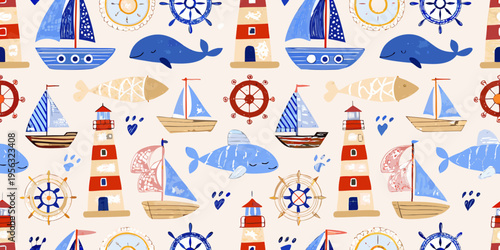 A colorful repeating pattern of nautical elements like boats whales and lighthouses