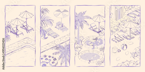 Aerial view sketches of poolside scenes with lounge chairs and umbrellas