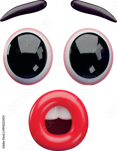 Cartoon stunned face expression realistic vector 3D design, surprised face with big eyes, funny open mouth, red lips