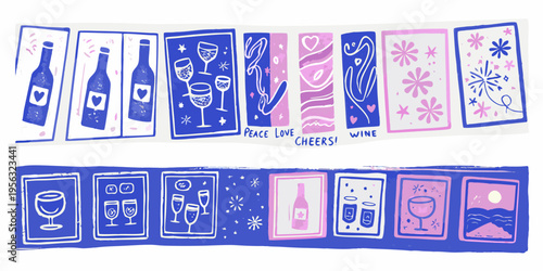Colorful illustrations of wine bottles glasses and celebratory motifs