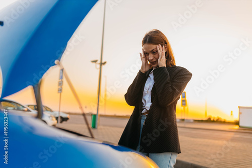 A female driver with an open hood in a parking lot, a car breakdown on the road in summer