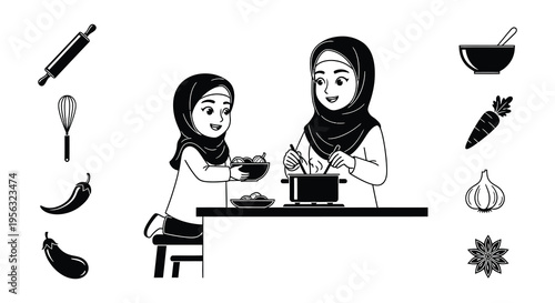 Diverse women in hijabs performing various domestic tasks and activities