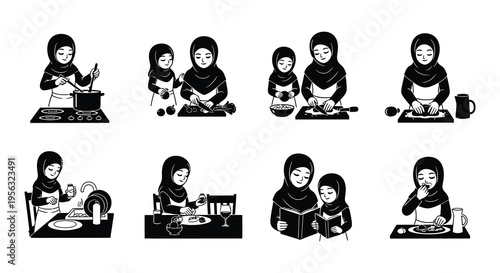Diverse women in hijabs performing various domestic tasks and activities