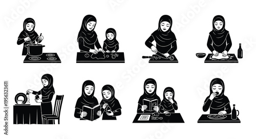 Diverse women in hijabs performing various domestic tasks and activities
