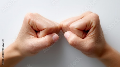 Two clenched fists touching in the center against a clean white background