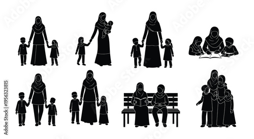 Diverse silhouettes of muslim women with children in various settings