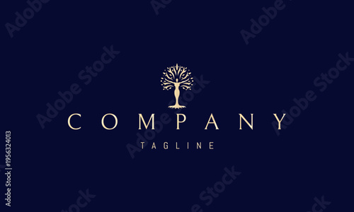 A vector golden logo featuring a fertility goddess shaped like a tree, symbolizing nature, life, growth, feminine energy, and sacred harmony with the earth.
