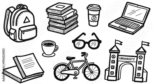 Backpack laptop books coffee and university gate representing student life and education concept