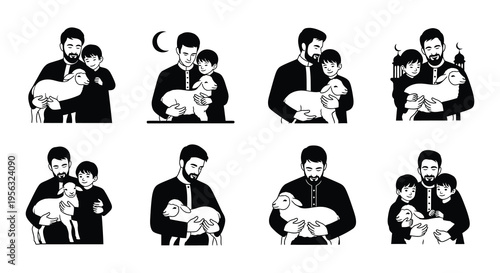 Black and white illustrations of fathers with children and a sacrificial lamb