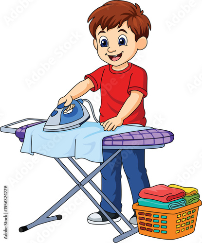 Cute Cartoon Boy Ironing Clothes Household Activity Illustration