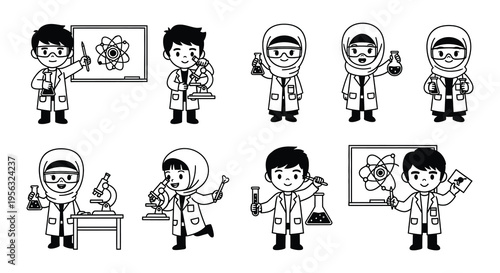 Diverse group of cartoon scientists conducting experiments in a laboratory setting