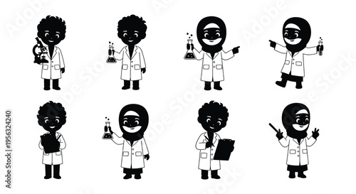 Diverse group of cartoon scientists conducting experiments in a laboratory setting