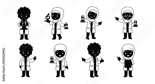Diverse group of cartoon scientists conducting experiments in a laboratory setting