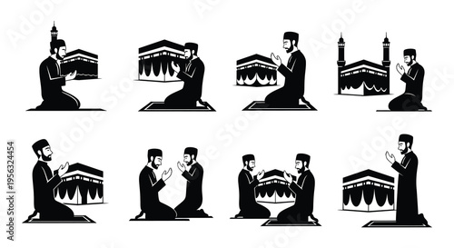 Muslim men in prayer facing the kaaba a sacred islamic building