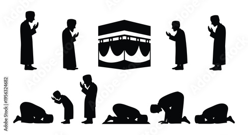Muslim men in prayer facing the kaaba a sacred islamic building