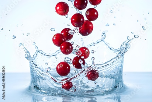 Whole Red Cranberries Dropping Through Clear Liquid Splash with Maximum Kinetic Energy and Crisp Detail