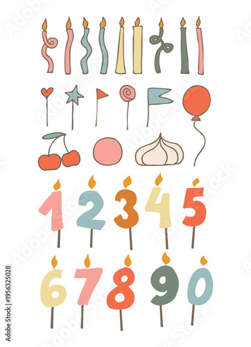 playful collection of hand-drawn birthday elements in a soft, minimalist style. The set includes various candles with different shapes and colors, number candles from 0 to 9, decorative toppers (heart