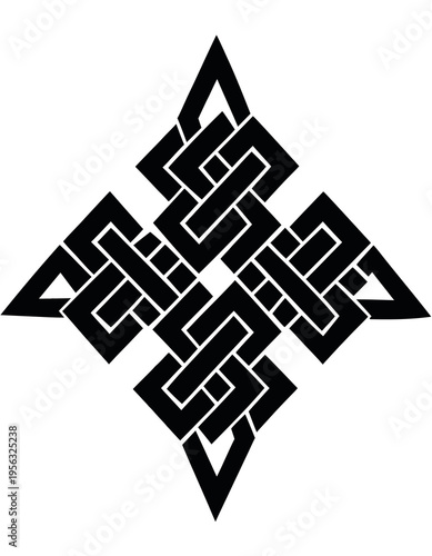 A knot design shows a series of interlocking patterns arranged in a symmetrical style. The design has sharp lines and is presented in black against a white background to highlight its features.