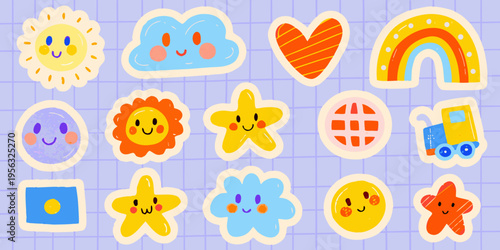 Colorful cartoon stickers featuring suns clouds rainbows and other shapes